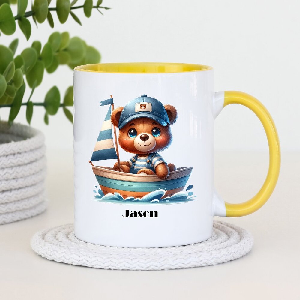Personalized Kids Gift, Sailboat, Teddy Bear, Kawaii, Boys Cup